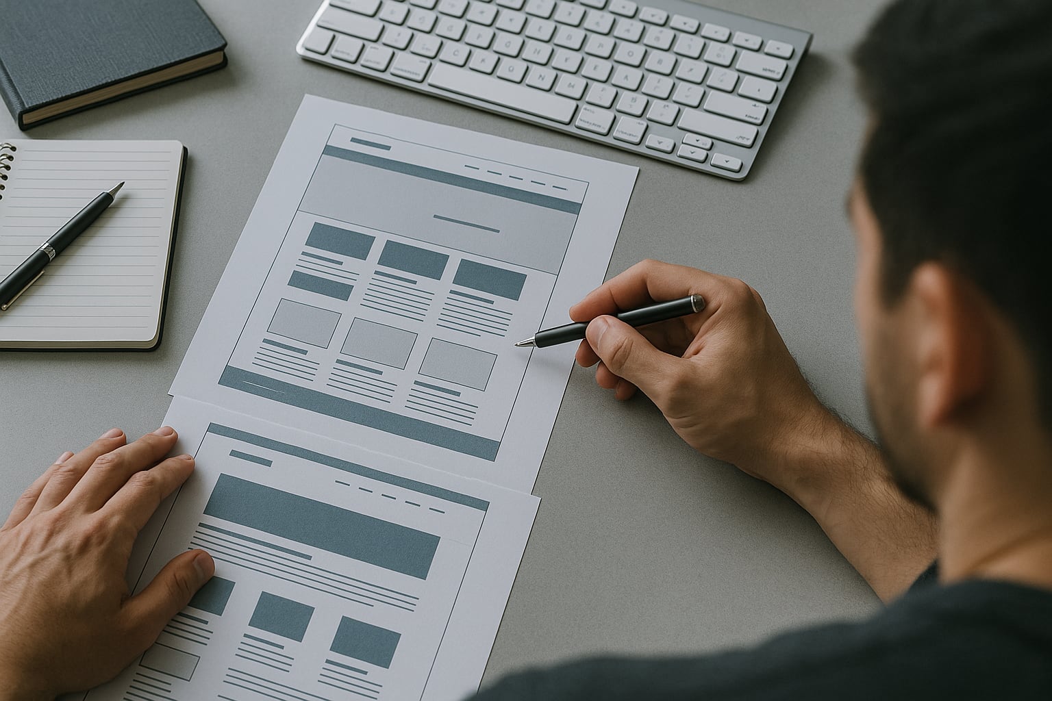 Man looking at website layout printout